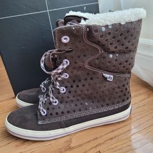 Keds Brown Suede Boot Shoe Polka Dot Faux Fur lined W8